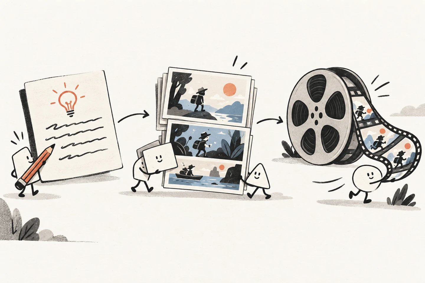 A written idea moves through storyboard frames into a film reel
