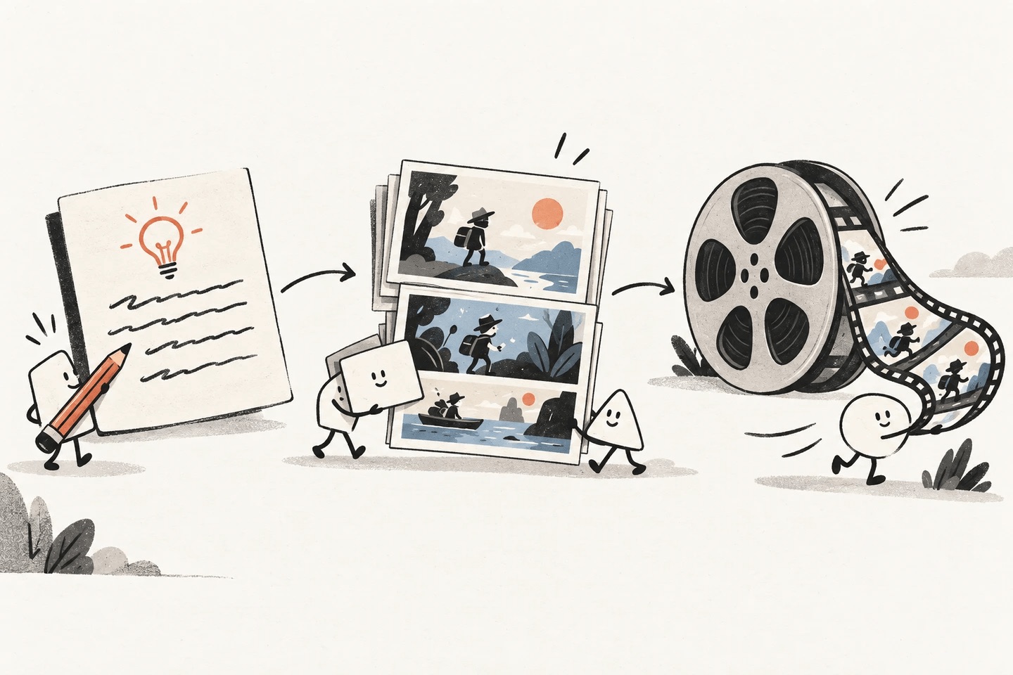 A written story becomes storyboard frames and then a finished video